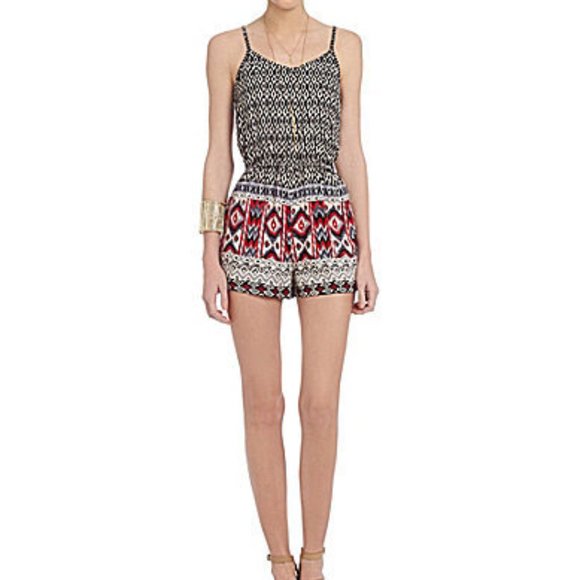 Angie Geo Pattern Cami Romper Black Red Size M - Picture 1 of 5